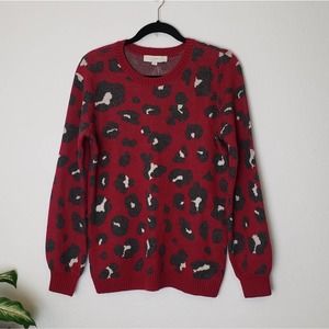 LOFT Red Animal Print Wool Blend Crewneck Sweater Medium